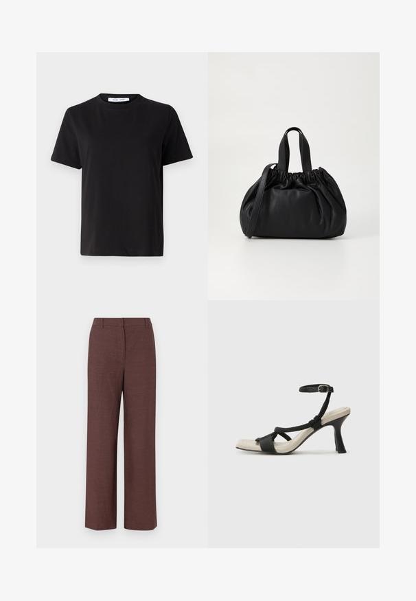 Camiseta negra de manga corta hecha de algodón suave, con un cuello redondo, corte relajado y una textura lisa. Sin patrones ni gráficos visibles.; Pantalones de pierna ancha marrones hechos de una tela texturizada con un acabado suave, que cuentan con un frente plano, pasadores para cinturón y bolsillos laterales.; Sanda¡ía de tacón negro con diseño de tira trenzada, punta cuadrada y correa ajustable en el tobillo. Plantilla de color beige claro con un tacón negro brillante.; Bolso de mano de cuero negro con un diseño de parte superior fruncida, que cuenta con dos asas cortas y una correa larga ajustable. Textura suave, forma redondeada.