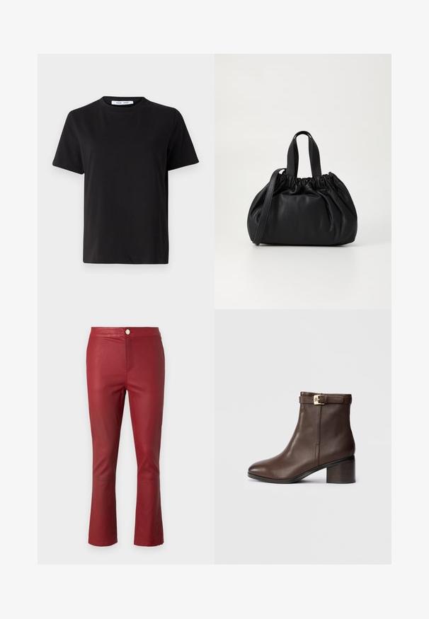 Zwart T-shirt met korte mouwen, gemaakt van zachte katoen, met een ronde hals, een ontspannen pasvorm en een gladde textuur. Geen zichtbare patronen of opdrukken.; Rode leren broeken met een fitted ontwerp, een middelhoge taille en uitlopende manchetten. Voorzien van een knoopsluiting aan de voorkant en een gladde textuur.; Bruine leren enkelboot met een ronde neus, een lage blokhak en een decoratieve gespband rond de enkel. Gladde textuur en strakke design.; Zwarte leren handtas met een geplooid ontwerp aan de bovenkant, voorzien van twee korte handvatten en een lange verstelbare schouderband. Gladde textuur, ronde vorm.