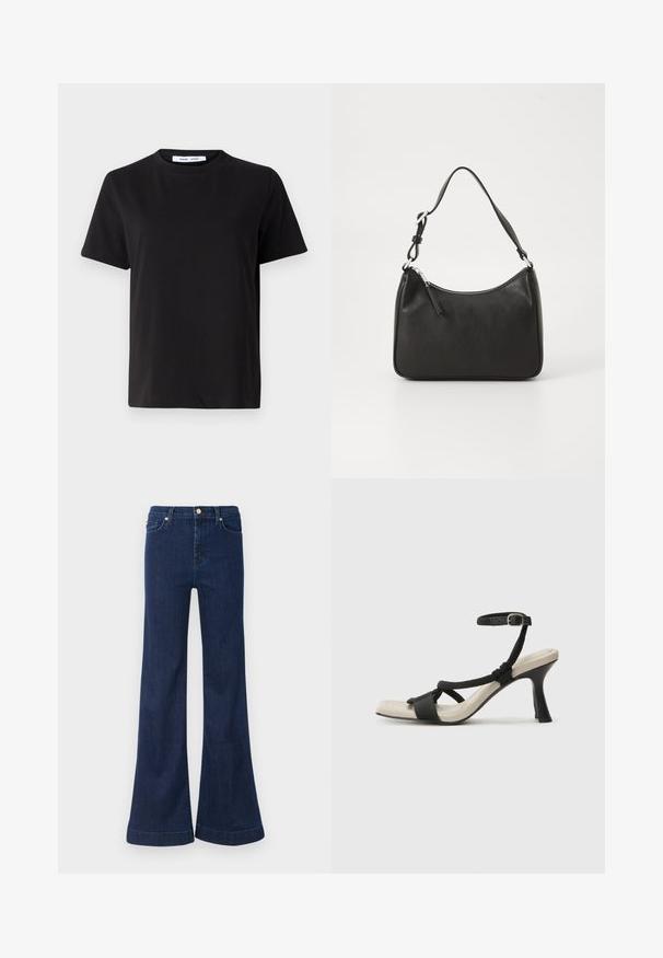 Must have lühikeste varrukatega t-särk, mis on valmistatud pehmest puuvillast, ümmarguse kaelusega, lõdva sobivusega ja sileda tekstuuriga. Ei ole nähtavaid mustreid ega graafikat.; Tumedat sinised laienevad teksad, mis on valmistatud denimist, kõrge talje, peene kulumisega ning kuldsete metalldetailidega esi-taskutes ja lukul.; Mustad musta kontsaga sandaal, millel on punutud rihma disain, ruudukujuline varvas ja reguleeritav pahkluu rihm. Heleda beeži värvi jalapadi ja läikiv must konts.; Must musta käekott, millel on kumer kuju, üks rihm, lukuga sulgemine ja peen brändimine esiküljel. Sile tekstuur, minimalistlik disain.