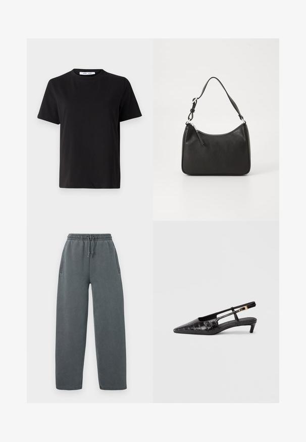 Must have lühikeste varrukatega t-särk, mis on valmistatud pehmest puuvillast, ümmarguse kaelusega, lõdva sobivusega ja sileda tekstuuriga. Ei ole nähtavaid mustreid ega graafikat.; Hallid tigudega hallid spordipüksid, millel on kummist ja nööridega kapuuts, küljetaskud ja mugav lõige. Valmistatud pehmest, tekstureeritud kangast.; Must mustakohviline teravapealne slingback-kets krokodillimustriga, väikese jaotusega kontsaga ning reguleeritava rihmaga, millel on metallist kinnitusega detail.; Must musta käekott, millel on kumer kuju, üks rihm, lukuga sulgemine ja peen brändimine esiküljel. Sile tekstuur, minimalistlik disain.