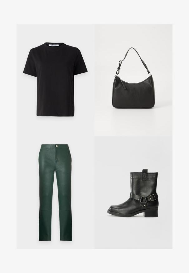 Melna īsām piedurknēm T-kreklu, kas izgatavots no mīksta kokvilnas, ar apļveida kakla izgriezumu, brīvu piegriezumu un gludu tekstūru. Nav redzamu rakstu vai grafikas.; Zaļas ādas bikses ar taisnu kāju dizainu, rāvējslēdzēja aizdari un priekšējām kabatām. Gluda tekstūra ar nelielu spīdumu un minimālu metāla detaļu daudzumu.; Samsøe Samsøe SABRENTA - Kovboju/motociklistu tipa puszābaki - black; Melnas ādas rokassomu ar izliekta formu, vienu siksnu, ar rāvējslēdzēju aizdari un diskrētu zīmolu uz priekšpuses. Gluda tekstūra, minimālisma dizains.