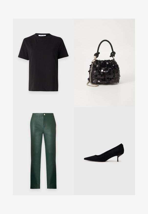 Czarny t-shirt z krótkim rękawem wykonany z miękkiej bawełny, z okrągłym dekoltem, luźnym krojem i gładką fakturą. Bez widocznych wzorów ani grafik.; Zielone skórzane spodnie o prostym kroju nogawek, z zamkiem błyskawicznym i przednią kieszenią. Gładka tekstura z delikatnym połyskiem i minimalną ilością okucia.; Czarny zamszowy but na wysokim obcasie z wydłużonym noskiem i smukłym, niskim obcasem. Gładka tekstura z eleganckim wzornictwem, bez widocznych elementów metalowych.; Czarna mini torebka z cekinami, z węzłowym, teksturowanym paskiem i srebrnym łańcuchem. O zaokrąglonym kształcie z marszczoną górą i refleksyjnymi detalami.