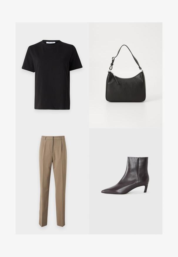 T-shirt nero a maniche corte realizzato in morbido cotone, con scollatura rotonda, vestibilità rilassata e una superficie liscia. Nessun motivo o grafica visibile.; Pantaloni marroni su misura realizzati in tessuto liscio, caratterizzati da un design a gamba dritta, pieghe frontali e una vita con passanti per la cintura.; Stivale in pelle nera alla caviglia con punta affilata e tacco kitten basso, finitura liscia, zip laterale, mostrato su uno sfondo neutro.; Borsa a tracolla in pelle nera con forma curva, una tracolla singola, chiusura con zip e marchio discreto sul fronte. Texture liscia, design minimalista.