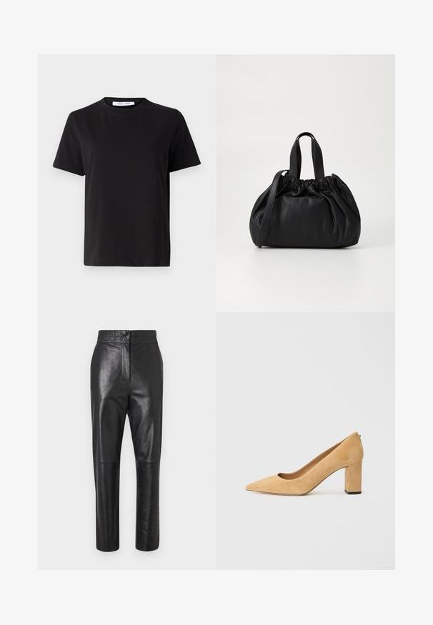 Black short-sleeve t-shirt made of soft cotton, featuring a round neckline, relaxed fit, and a smooth texture. No visible patterns or graphics.; Black leather pants with a polished finish, tailored design, straight leg shape, and subtle seam detailing. No visible hardware or accents.; Beige suede high-heeled pump with a pointed toe and a chunky block heel. The material has a soft texture with a smooth finish.; Black leather handbag with a gathered top design, featuring two short handles and a long adjustable strap. Smooth texture, rounded shape.