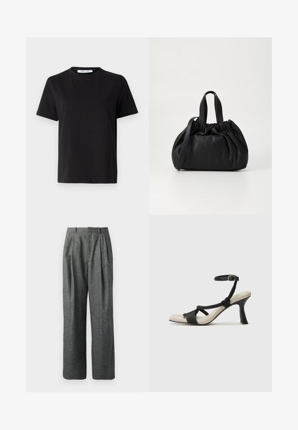 Črna majica s kratkimi rokavi iz mehkega bombaža, ki ima okroglo izrezovanje, udoben kroj in gladko teksturo. Brez vidnih vzorcev ali grafike.; DRYKORN INK - Hlače - grey; Črne sandale na visoki peti z prepletenim trakom, kvadratnim nosom in nastavljivim gležnjenjem. Svetlo bež podplat z sijajno črno peto.; Črna usnjena torbica z zloženim zgornjim dizajnom, opremljena z dvema kratkima ročkama in dolgo nastavljivo naramnico. Gladka tekstura, okrogla oblika.
