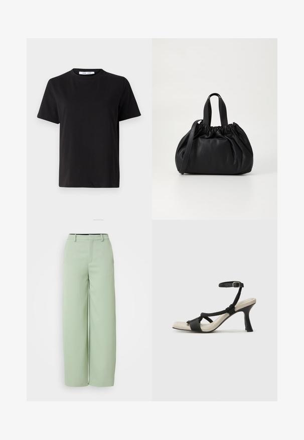 Črna majica s kratkimi rokavi iz mehkega bombaža, ki ima okroglo izrezovanje, udoben kroj in gladko teksturo. Brez vidnih vzorcev ali grafike.; Svetlo zeleni široki hlače iz gladkega materiala. Imajo raven sprednji del, zanke za pas in prilagojen kroj brez vidnih kovinskih delov.; Črne sandale na visoki peti z prepletenim trakom, kvadratnim nosom in nastavljivim gležnjenjem. Svetlo bež podplat z sijajno črno peto.; Črna usnjena torbica z zloženim zgornjim dizajnom, opremljena z dvema kratkima ročkama in dolgo nastavljivo naramnico. Gladka tekstura, okrogla oblika.