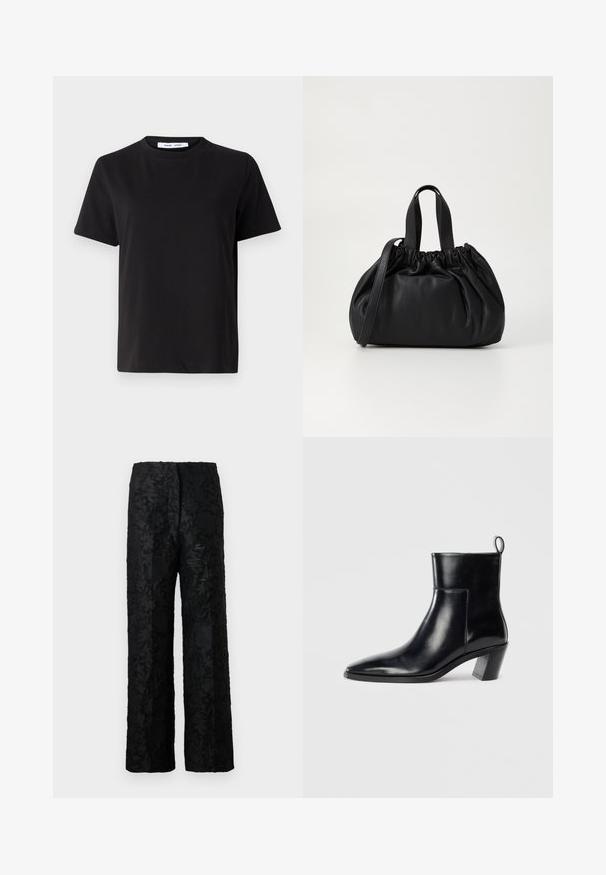 Black short-sleeve t-shirt made of soft cotton, featuring a round neckline, relaxed fit, and a smooth texture. No visible patterns or graphics.; Black trousers with a textured floral pattern, made of a soft material, featuring a loose, wide-leg design and a high waist.; Black leather ankle boot with a pointed toe, a geometric stacked heel, and a pull tab at the back. Smooth texture and sleek design.; Black leather handbag with a gathered top design, featuring two short handles and a long adjustable strap. Smooth texture, rounded shape.