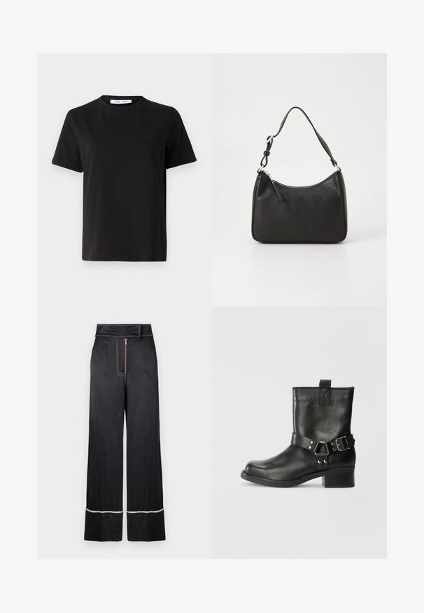 Black short-sleeve t-shirt made of soft cotton, featuring a round neckline, relaxed fit, and a smooth texture. No visible patterns or graphics.; Black wide-leg trousers with a high waist, featuring a front zip closure and contrasting white stitching along the hem and sides.; Samsøe Samsøe SABRENTA  - Cowboy/biker ankle boot - black; Black leather handbag with a curved shape, a single strap, zip closure, and subtle branding on the front. Smooth texture, minimalist design.