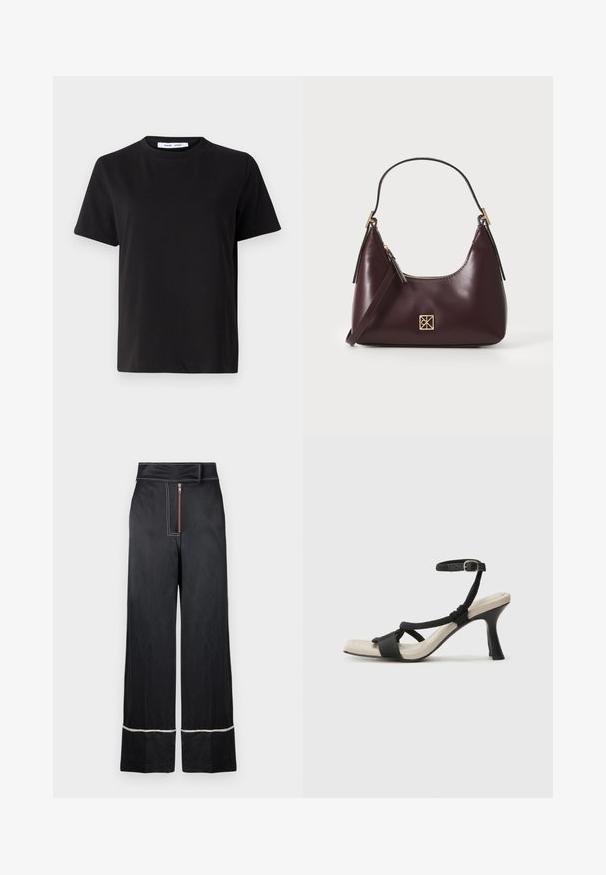 T-shirt noir à manches courtes en coton doux, avec un col rond, une coupe décontractée et une texture lisse. Pas de motifs ni de graphiques visibles.; Pantalons larges noirs à taille haute, avec une fermeture éclair à l'avant et des coutures blanches contrastantes le long de l'ourlet et des côtés.; Sandale à talon noir avec un design de brides tressées, bout carré et bride de cheville réglable. Semelle intérieure beige claire avec un talon noir brillant.; Sac à main en cuir bordeaux avec une forme incurvée, accents dorés sur la quincaillerie et une fermeture éclair. Dispose d'une bandoulière amovible.