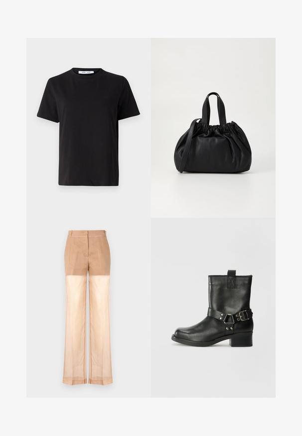 Črna majica s kratkimi rokavi iz mehkega bombaža, ki ima okroglo izrezovanje, udoben kroj in gladko teksturo. Brez vidnih vzorcev ali grafike.; Bež hlače s polprosojnim spodnjim delom, širok kroj; gladka tekstura, natančno krojen pas in čist rob.; Samsøe Samsøe SABRENTA - Gležnjar v kavbojskem in motorističnem slogu - black; Črna usnjena torbica z zloženim zgornjim dizajnom, opremljena z dvema kratkima ročkama in dolgo nastavljivo naramnico. Gladka tekstura, okrogla oblika.