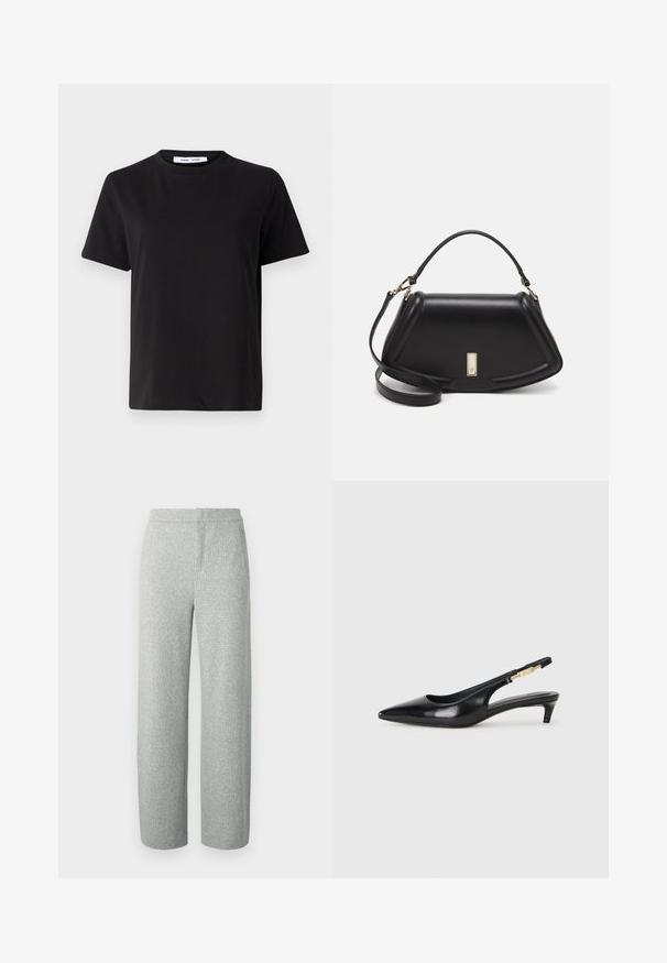 Black short-sleeve t-shirt made of soft cotton, featuring a round neckline, relaxed fit, and a smooth texture. No visible patterns or graphics.; Light gray woven trousers with a subtle heathered texture, featuring a wide-leg design and a flat waistband, no visible hardware or pockets.; Black leather slingback heels with a pointed toe, featuring a slim heel and a gold-tone accent on the adjustable strap. Smooth texture.; Black leather handbag with a structured design, featuring a cropped shape, top handle, and gold hardware accent. Adjustable shoulder strap included.