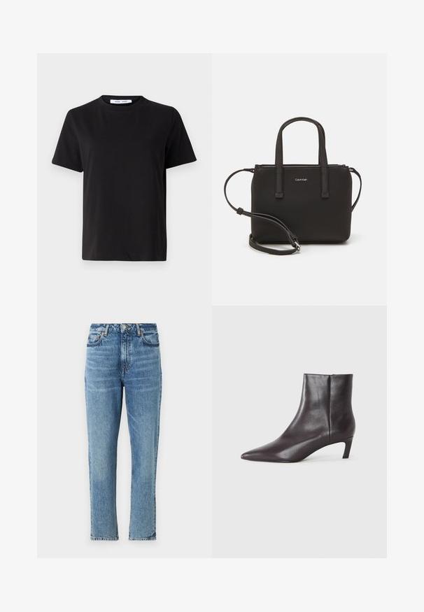 Črna majica s kratkimi rokavi iz mehkega bombaža, ki ima okroglo izrezovanje, udoben kroj in gladko teksturo. Brez vidnih vzorcev ali grafike.; Svetlo modri traperje z visokim pasom, ravno nogavico in zbledelim videzom. Ima srebrno strojno opremo in kontrastne šive.; Črne usnjene gležnjarje s koničastim nosom in nizko mačjo peto, z gladkim površjem, stranskim zadrgo, prikazane na nevtralni podlagi.; Črna torbica z dvema kratkima ročajema in odstranljivim naramnim trakom. Gladek usnju podoben material z zadrgo in podrobnostmi z logotipom.