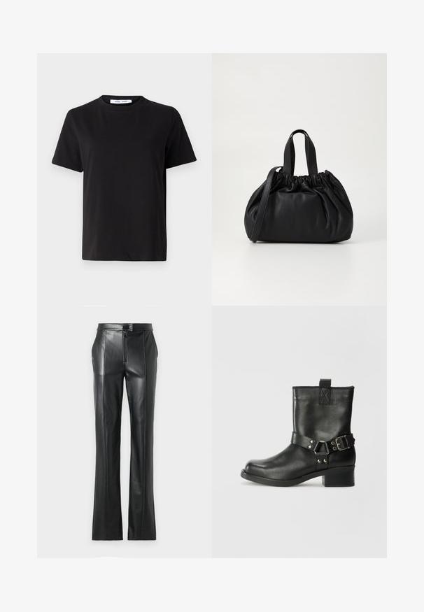 Czarny t-shirt z krótkim rękawem wykonany z miękkiej bawełny, z okrągłym dekoltem, luźnym krojem i gładką fakturą. Bez widocznych wzorów ani grafik.; Czarne skórzane spodnie o prostym kroju, z wysokim stanem, zapięciem na zamek oraz widocznymi detalami przeszycia wzdłuż szwów. Gładka tekstura.; Samsøe Samsøe SABRENTA czarny; Czarna skórzana torebka z zebranym wykończeniem, z dwoma krótkimi uchwytami i długim regulowanym paskiem. Gładka tekstura, zaokrąglony kształt.