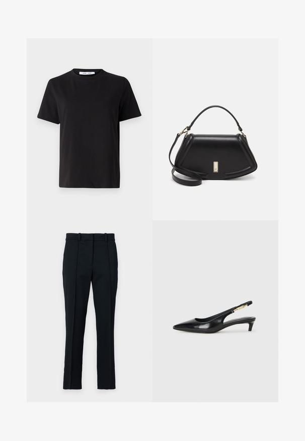 Melna īsām piedurknēm T-kreklu, kas izgatavots no mīksta kokvilnas, ar apļveida kakla izgriezumu, brīvu piegriezumu un gludu tekstūru. Nav redzamu rakstu vai grafikas.; Melnas bikses, kas izgatavotas no gludas auduma, ar plakanu priekšpusi, diviem priekšējiem krokām un klasisku piegriezumu ar jostas cilpām.; Melnas ādas slingback zābaki ar smailu purngalu, ar šauru papēdi un zelta krāsas akcentu uz regulējama siksniņas. Gluda tekstūra.; Melnas ādas roku soma ar struktūru, ar īsu formu, augšējo rokturi un zelta aksesuāriem. Iekļauta regulējama plecu siksna.