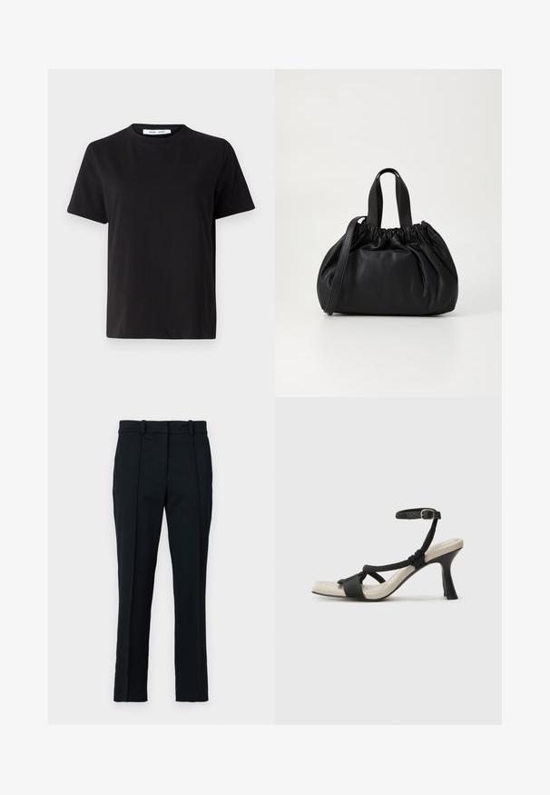 Black short-sleeve t-shirt made of soft cotton, featuring a round neckline, relaxed fit, and a smooth texture. No visible patterns or graphics.; Black trousers made of a smooth fabric, featuring a flat front, two front pleats, and a classic fit with belt loops.; Black heeled sandal with braided strap design, square toe, and adjustable ankle strap. Light beige footbed with a glossy black heel.; Black leather handbag with a gathered top design, featuring two short handles and a long adjustable strap. Smooth texture, rounded shape.