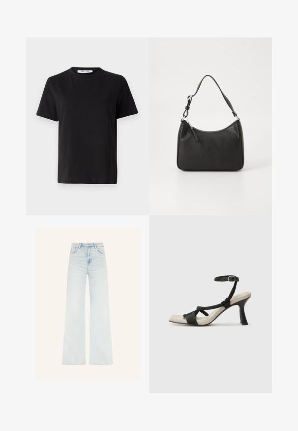 Black short-sleeve t-shirt made of soft cotton, featuring a round neckline, relaxed fit, and a smooth texture. No visible patterns or graphics.; Light blue wide-leg jeans with a high waist, crafted from denim; features subtle whiskering and a clean hem. No visible hardware accents.; Black heeled sandal with braided strap design, square toe, and adjustable ankle strap. Light beige footbed with a glossy black heel.; Black leather handbag with a curved shape, a single strap, zip closure, and subtle branding on the front. Smooth texture, minimalist design.