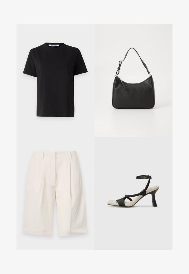 Musta lyhythihainen t-paita, joka on valmistettu pehmeästä puuvillasta. Paitassa on pyöreä kaula-aukko, rento malli ja sileä pinta. Ei näkyviä kuvioita tai graafisia elementtejä.; Valkoiset pellavashortsit, joissa on räätälöity muotoilu, pleatattu etuosa ja leveät lahkeensuukkeet. Silkkinen pinta ja polvitaipeeseen ulottuva pituus.; Mustat korkokengät, joissa on punottuolkaiminen design, neliömäinen kärki ja säädettävä nilkkahihna. Vaaleanbeige jalkapohja ja kiiltävä musta korko.; Mustat nahkakäsilaukku, jossa on kaareva muoto, yksi hihna, vetoketjukiinnitys ja hienovarainen brändäys etuosassa. Sujuva pinta, minimalistinen muotoilu.