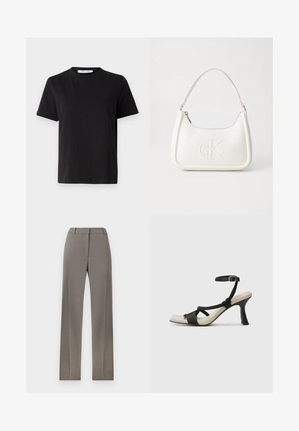 Camiseta negra de manga corta hecha de algodón suave, con un cuello redondo, corte relajado y una textura lisa. Sin patrones ni gráficos visibles.; Pantalones grises ajustados con un diseño de pierna recta, parte delantera plana y textura sutil. Tejido suave y cinturilla estándar con pasadores para cinturón.; Sanda¡ía de tacón negro con diseño de tira trenzada, punta cuadrada y correa ajustable en el tobillo. Plantilla de color beige claro con un tacón negro brillante.; Bolso de mano de cuero blanco con forma curvada, con un logo "CK" en relieve en la parte delantera y una sola correa para el hombro. Cierre de cremallera en la parte superior.