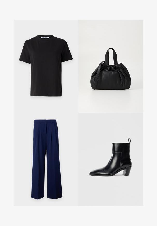 T-shirt nero a maniche corte realizzato in morbido cotone, con scollatura rotonda, vestibilità rilassata e una superficie liscia. Nessun motivo o grafica visibile.; Pantaloni a gamba larga blu navy con vita alta, caratterizzati da pinces frontali e una superficie liscia. Realizzati in un tessuto leggero e fluido.; Stivale alla caviglia in pelle nera con punta affusolata, tacco geometrico impilato e nastro di presa sul retro. Texture liscia e design elegante.; Borsa a tracolla in pelle nera con design a cima arricciata, dotata di due manici corti e di una lunga tracolla regolabile. Texture liscia, forma arrotondata.