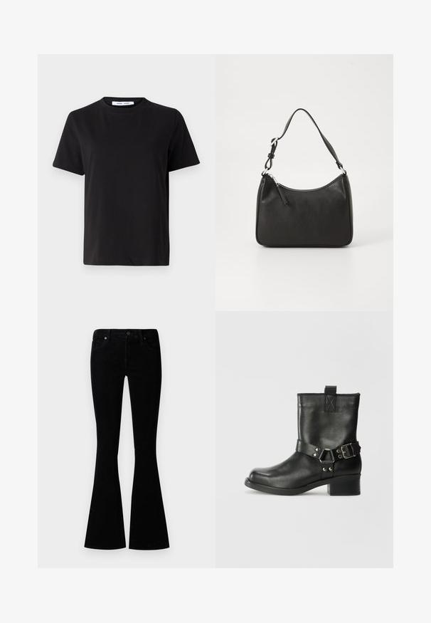 Čierne tričko s krátkym rukávom vyrobené z mäkkej bavlny, s okrúhlym výstrihom, uvoľneným strihom a hladkou štruktúrou. Žiadne viditeľné vzory ani grafika.; Čierne rozšírené džínsy vyrobené z denimu, s stredne vysokým pásom, piatimi vreckami a kovovým gombíkom na uzavretie pre pridanie detailov.; Samsøe Samsøe SABRENTA - Kovbojská/motorkárska členková čižma - black; Čierna kožená kabelka s oblým tvarom, jediným popruhom, zipsom a nenápadným logom na prednej strane. Hladká textúra, minimalistický dizajn.