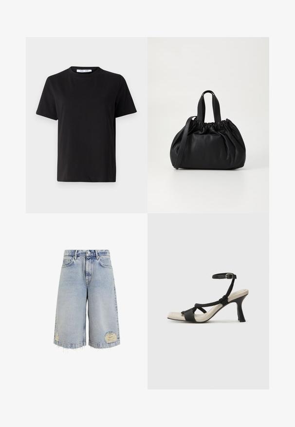 Čierne tričko s krátkym rukávom vyrobené z mäkkej bavlny, s okrúhlym výstrihom, uvoľneným strihom a hladkou štruktúrou. Žiadne viditeľné vzory ani grafika.; Svetlomodré denimové šortky s voľným strihom, roztrhnutými okrajmi a opotrebovanými miestami s viditeľným šitím. Klasický dizajn s piatimi vreckami.; Čierne sandále na podpätku s pleteným pásikom, štvorcovou špičkou a nastaviteľným remienkom okolo členka. Svetlobéžová stielka s lesklým čiernym podpätkom.; Čierna kožená kabelka so zberaným vrchom, s dvoma krátkymi držadlami a dlhým nastaviteľným popruhom. Hladká textura, zaoblený tvar.