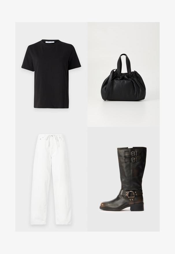 Zwart T-shirt met korte mouwen, gemaakt van zachte katoen, met een ronde hals, een ontspannen pasvorm en een gladde textuur. Geen zichtbare patronen of opdrukken.; Witte, wijde broek van denim met een trekkoord in de taille en twee voorkruiden, met een gladde textuur en een schoon ontwerp.; Zwarte leren laarzen tot halverwege het been met twee gespen aan de bovenkant en een band met metalen ringdetail rond de enkel op een witte achtergrond.; Zwarte leren handtas met een geplooid ontwerp aan de bovenkant, voorzien van twee korte handvatten en een lange verstelbare schouderband. Gladde textuur, ronde vorm.