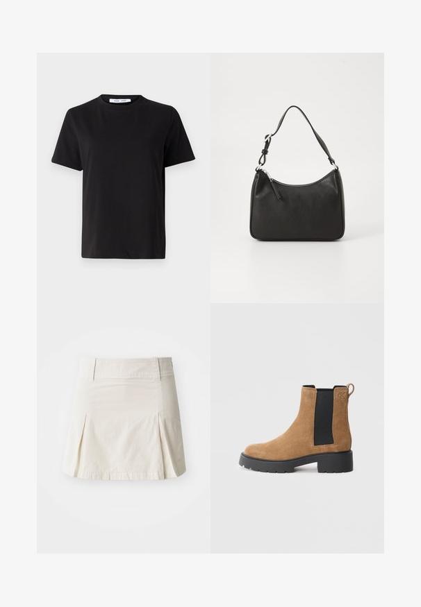 Musta lyhythihainen t-paita, joka on valmistettu pehmeästä puuvillasta. Paitassa on pyöreä kaula-aukko, rento malli ja sileä pinta. Ei näkyviä kuvioita tai graafisia elementtejä.; Vaaleanbeige puuvillahame, jossa on muotoiltu vyötärö, pleattilaattaus ja suora helma. Hameessa on sileä pinta ilman näkyviä metalliosia.; Ruske nubuk ankle čizme s crnim elastičnim bočnim panelom, debelim crnim đonom, povlačnom oznakom na leđima i ugraviranim "cK" logotipom blizu članka.; Mustat nahkakäsilaukku, jossa on kaareva muoto, yksi hihna, vetoketjukiinnitys ja hienovarainen brändäys etuosassa. Sujuva pinta, minimalistinen muotoilu.