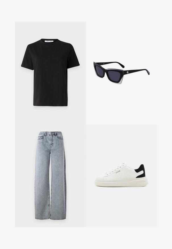T-shirt preto de manga curta feito de algodão suave, com decote redondo, ajuste descontraído e uma textura suave. Sem padrões ou gráficos visíveis.; Jeans de perna larga em denim de lavagem clara com uma cintura alta, apresentando bolsos frontais, passadores de cinto e detalhes em costura contrastante.; Sapatilhas brancas de couro com uma sola branca espessa, detalhe em camurça preta no calcanhar e logótipo em relevo na lateral. Design com atacadores e seis ilhós.; Óculos de sol oversized pretos com forma geométrica, apresentando lentes escuras e um detalhe cinza em contraste na armação. Logotipo na haste.