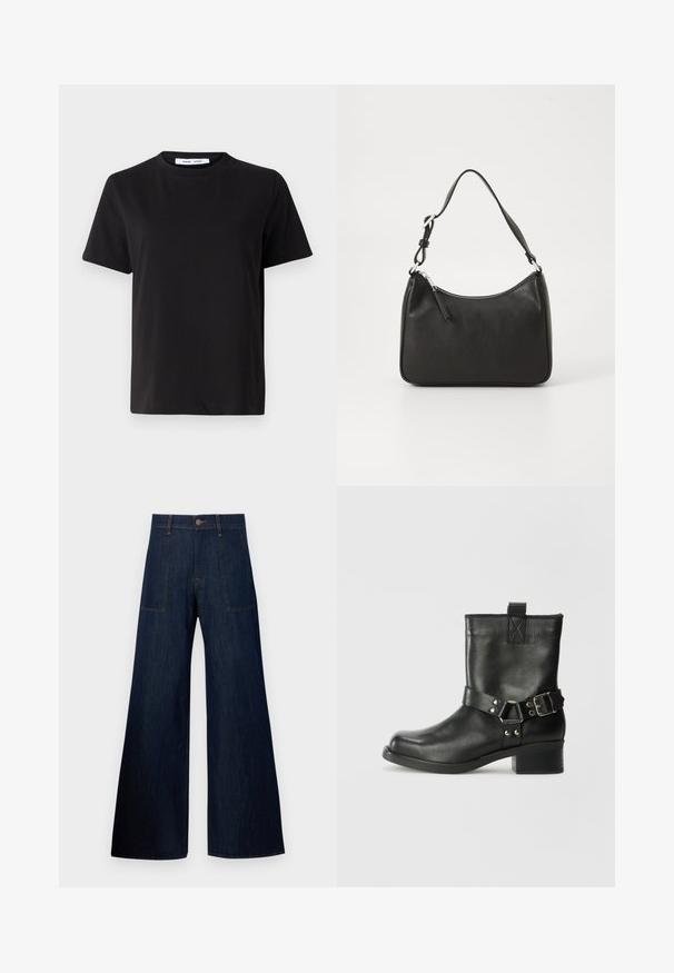 Must have lühikeste varrukatega t-särk, mis on valmistatud pehmest puuvillast, ümmarguse kaelusega, lõdva sobivusega ja sileda tekstuuriga. Ei ole nähtavaid mustreid ega graafikat.; Tumed sinised laiad teksad, millel on denim, kaks eesmist taskut, nähtav õmblus ja nööpkinnitus vööl.; Samsøe Samsøe SABRENTA - Kauboi/mootorratturi poolsaapad - black; Must musta käekott, millel on kumer kuju, üks rihm, lukuga sulgemine ja peen brändimine esiküljel. Sile tekstuur, minimalistlik disain.