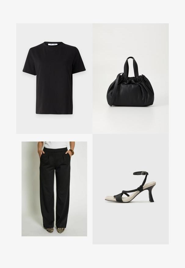 Juodas trumpas rankovės marškinėliai, pagaminti iš minkštos medvilnės, su apvaliu iškirpimu, laisvu pritaikymu ir lygiu paviršiumi. Nėra matomų raštų ar grafikos.; Desires Kelnės - black; Juodų aukštakulnių sandalų su pintu dirželiu dizainas, kvadratine nosimi ir reguliuojamu kulkšnies dirželiu. Šviesiai bežė padas su blizgiu juodu kulnu.; Juoda odinė rankinė su susiraukšlėjusiu viršumi, su dviem trumpomis rankenėlėmis ir ilga reguliuojama juosta. Lygus paviršius, apvalios formos.