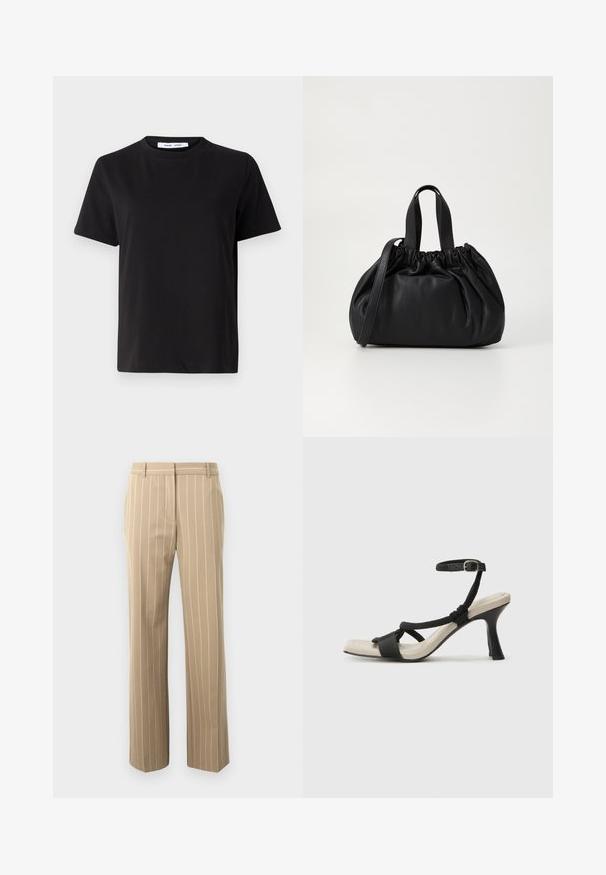 T-shirt nero a maniche corte realizzato in morbido cotone, con scollatura rotonda, vestibilità rilassata e una superficie liscia. Nessun motivo o grafica visibile.; Pantaloni beige con vestibilità su misura, caratterizzati da righe verticali bianche, texture liscia, passanti per la cintura e due tasche anteriori.; Sandal con tacco nero e design con cinturino intrecciato, punta quadrata e cinturino alla caviglia regolabile. Soletta beige chiaro con tacco nero lucido.; Borsa a tracolla in pelle nera con design a cima arricciata, dotata di due manici corti e di una lunga tracolla regolabile. Texture liscia, forma arrotondata.