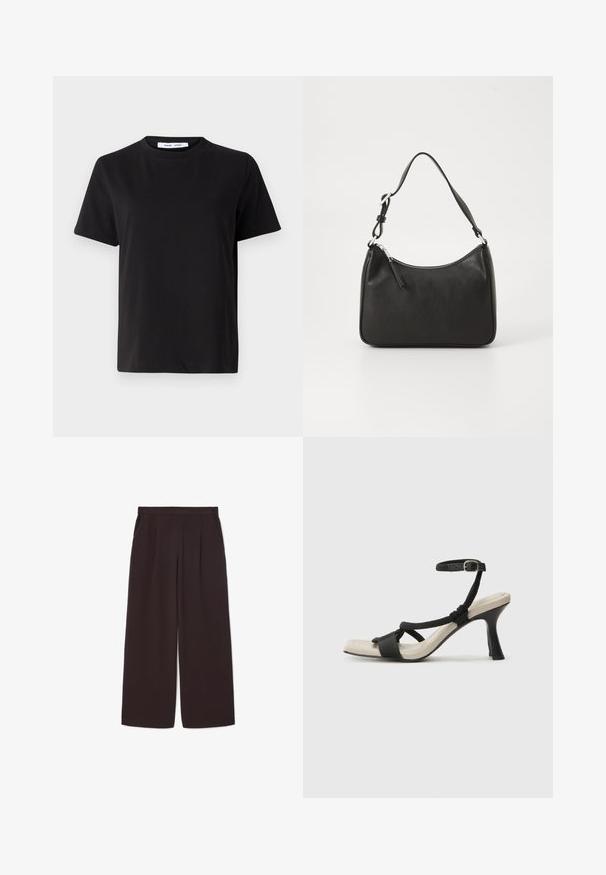 Melna īsām piedurknēm T-kreklu, kas izgatavots no mīksta kokvilnas, ar apļveida kakla izgriezumu, brīvu piegriezumu un gludu tekstūru. Nav redzamu rakstu vai grafikas.; Tumši brūni plaši bikses, izgatavotas no viegla auduma, ar augstu jostasvietu, krokām un divām sānu kabatām, ar elastīgu jostasvietu.; Melnas augstpapēžu sānijas ar pinuma siksnu dizainu, kvadrātveida purngali un regulējamu potītes siksnu. Gaismas beidzamais kāju paklājiņš ar spīdīgu melnu papēdi.; Melnas ādas rokassomu ar izliekta formu, vienu siksnu, ar rāvējslēdzēju aizdari un diskrētu zīmolu uz priekšpuses. Gluda tekstūra, minimālisma dizains.