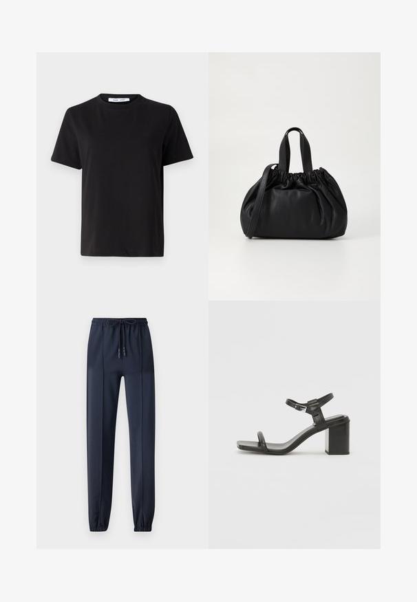 Melna īsām piedurknēm T-kreklu, kas izgatavots no mīksta kokvilnas, ar apļveida kakla izgriezumu, brīvu piegriezumu un gludu tekstūru. Nav redzamu rakstu vai grafikas.; Tumši zilas sporta bikses, kas izgatavotas no gluda, viegla materiāla; tām ir elastīga josta ar auklu un sašaurināti ceļgali.; Melna ādas blokveida papēža sandle ar platu joslu pāri pirkstiem un regulējamu potītes siksniņu, ar elegantu, minimālistisku dizainu.; Melnas ādas rokassomu ar savākta augšdaļa dizainu, kas aprīkota ar divām īsām rokturiem un garu regulējamu siksnu. Gluda tekstūra, noapaļota forma.