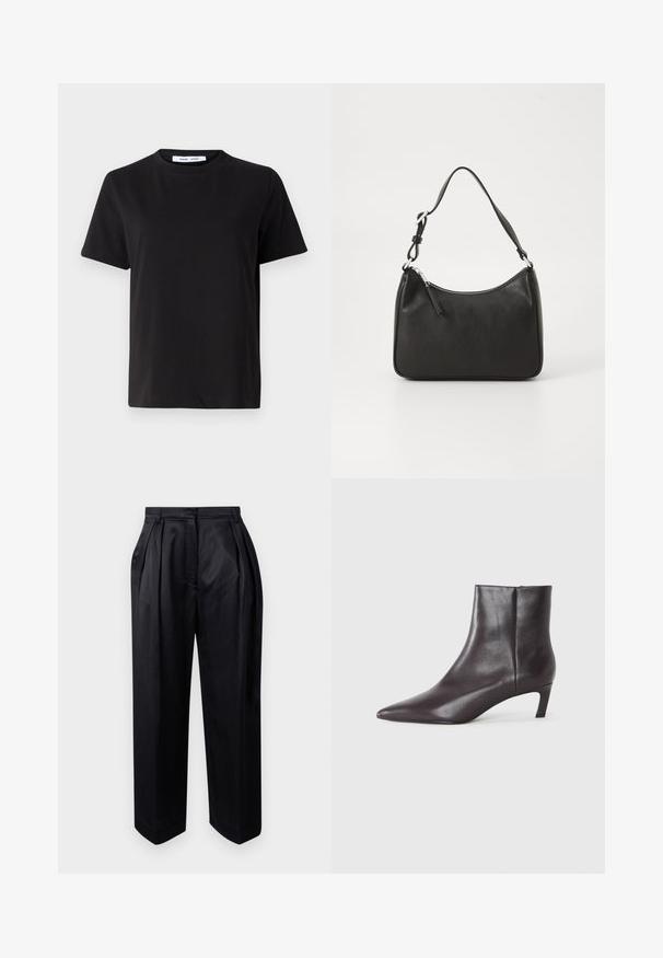 Black short-sleeve t-shirt made of soft cotton, featuring a round neckline, relaxed fit, and a smooth texture. No visible patterns or graphics.; Black, high-waisted trousers made of smooth fabric, featuring pressed pleats, wide legs, and a straight cut with a slightly tapered hem.; Black leather ankle boot with pointed toe and low kitten heel, smooth finish, side zipper, shown on a neutral background.; Black leather handbag with a curved shape, a single strap, zip closure, and subtle branding on the front. Smooth texture, minimalist design.
