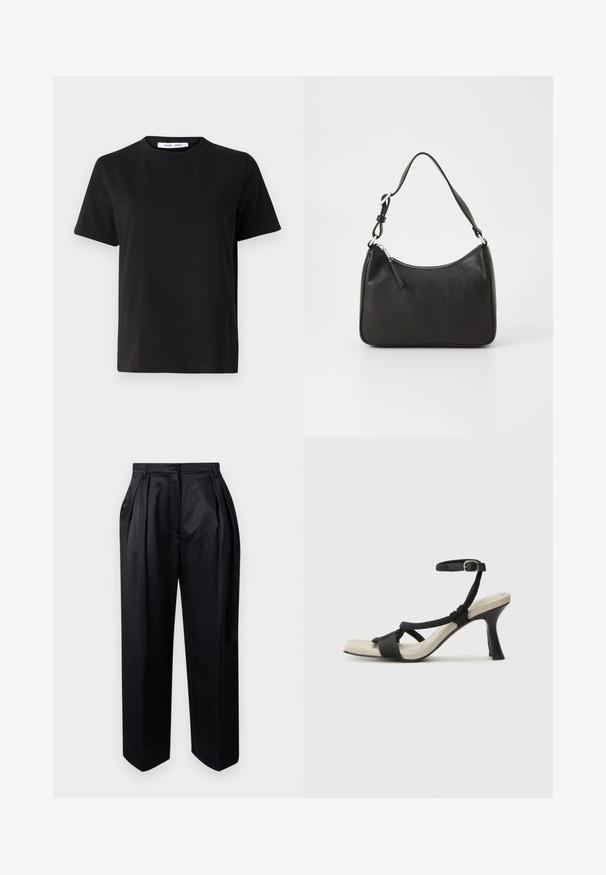 Černé tričko s krátkým rukávem vyrobené z měkké bavlny, s kulatým výstřihem, volným střihem a hladkým povrchem. Žádné viditelné vzory ani grafika.; Černé kalhoty s vysokým pasem vyrobené z hladké látky, s nažehlenými sklady, širokými nohavicemi a rovný střih s mírně zúženým lemem.; Černé sandály na podpatku s pleteným designem pásku, čtveratou špičkou a nastavitelným páskem kolem kotníku. Světle béžová stélka s lesklým černým podpatkem.; Černá kožená kabelka s zakřiveným tvarem, s jedním popruhem, zipovým uzávěrem a decentním logem na přední straně. Hladká textura, minimalistický design.