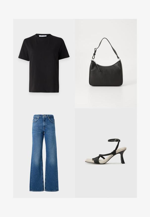 Sort t-shirt med korte ærmer fremstillet af blødt bomuld, med rund halsudskæring, afslappet pasform og en glat overflade. Ingen synlige mønstre eller grafik.; Bredde ben blå jeans med en falmet finish, lavet af denim, med et klassisk fem-lomme design og messingknap lukning i taljen.; Sorte hælede sandal med flettet remdesign, firkantet tå og justerbar ankelrem. Lys beige fodseng med en blank sort hæl.; Sort læderhåndtaske med en buet form, en enkelt rem, lynlås lukning og diskret branding på forsiden. Glat tekstur, minimalistisk design.