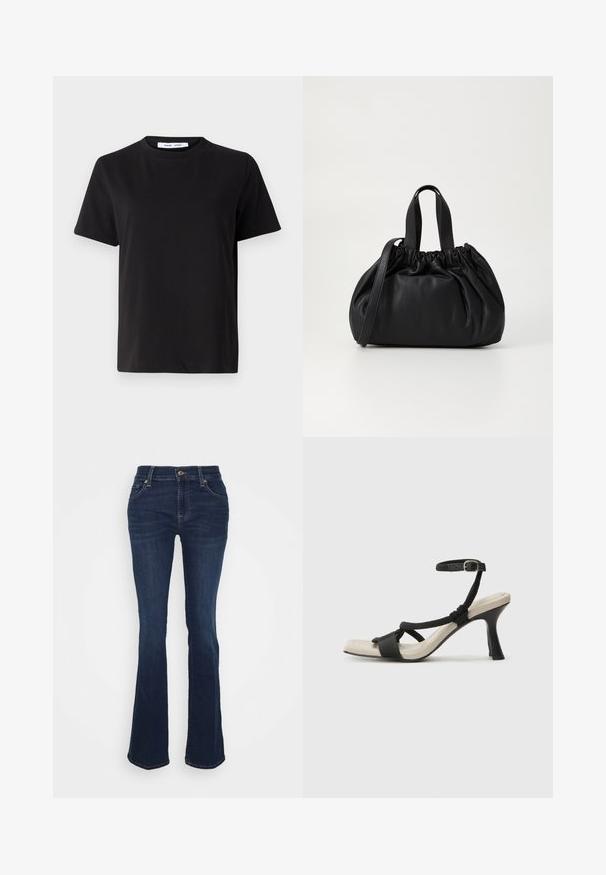 Tricou negru cu manșon scurt, fabricat din bumbac moale, având un guler rotund, o croială lejeră și o textură netedă. Fără modele sau grafice vizibile.; Jeans evazați de culoare albastru închis, confecționați din denim; talie înaltă, cinci buzunare, accesorii din metal auriu și textură netedă cu o estompare subtilă în zona coapselor.; Sandal cu toc negru, cu design de curea împletită, vârf pătrat și curea de gleznă ajustabilă. Tălpică de un bej deschis și toc negru lucios.; Geantă de mână din piele neagră cu un design cu partea superioară plisată, având două mânere scurte și o curea lungă ajustabilă. Textură netedă, formă rotunjită.