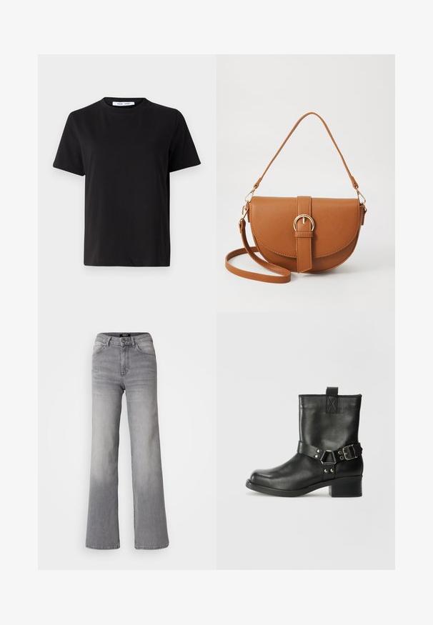 T-shirt preto de manga curta feito de algodão suave, com decote redondo, ajuste descontraído e uma textura suave. Sem padrões ou gráficos visíveis.; Jeans de ganga cinzentos de cintura alta e corte reto, com botão e fecho à frente, bolsos dianteiros e traseiros, e desbaste nas coxas e panturrilhas.; Samsøe Samsøe SABRENTA - Bota de tornozelo estilo cowboy/motociclista - black; Bolsa transversal de couro castanho com um formato curvado, ferragens douradas e um detalhe de fivela. Inclui uma alça de ombro destacável.