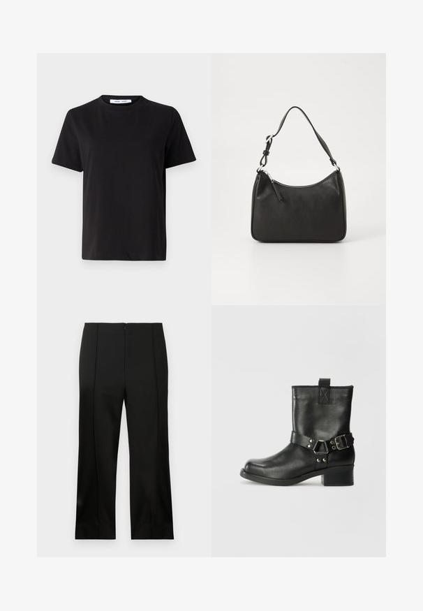 Črna majica s kratkimi rokavi iz mehkega bombaža, ki ima okroglo izrezovanje, udoben kroj in gladko teksturo. Brez vidnih vzorcev ali grafike.; Črne krojene hlače s ravnim nogavicam, gladkim blagom, centrom sprednjim pregibom in diskretnim zapiranjem z zadrgo zadaj.; Samsøe Samsøe SABRENTA - Gležnjar v kavbojskem in motorističnem slogu - black; Črna usnjena torba za roke s ukrivljenim oblikom, enim trakom, zadrgo in diskretnim blagovnim znamkom na sprednjem delu. Gladka tekstura, minimalističen dizajn.