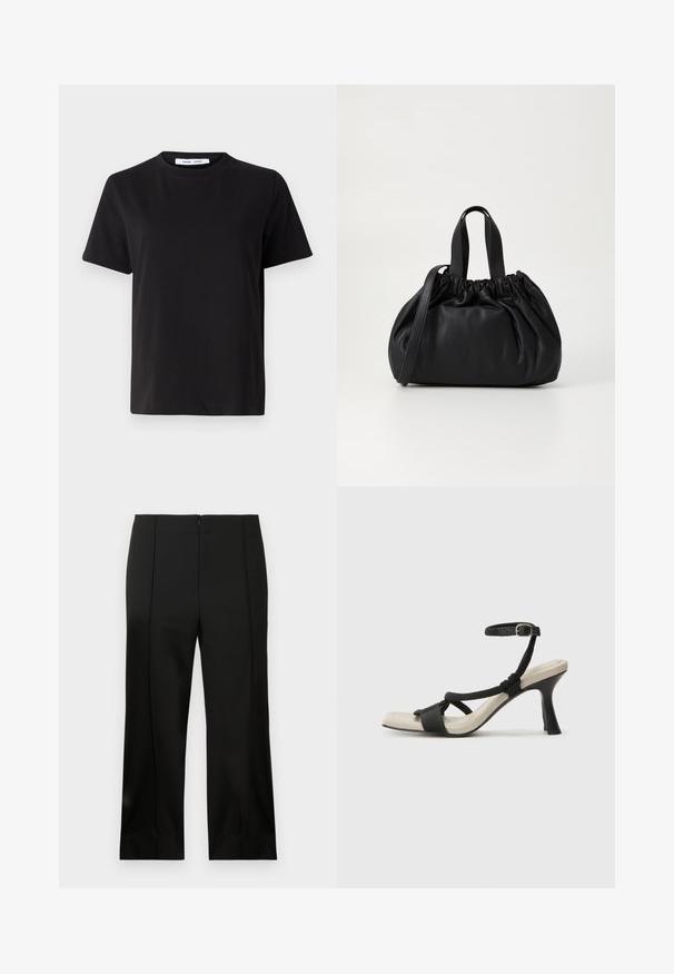 T-shirt preto de manga curta feito de algodão suave, com decote redondo, ajuste descontraído e uma textura suave. Sem padrões ou gráficos visíveis.; Calças pretas ajustadas com um corte de perna reta, tecido suave, pregas no centro frontal e fecho discreto nas costas com zíper.; Sandal com salto alto preto e design de tiras trançadas, bico quadrado e tira de tornozelo ajustável. Sola em tom bege claro com um salto preto brilhante.; Bolsa de couro preta com um design de topo franzido, apresentando duas alças curtas e uma alça longa ajustável. Textura suave, formato arredondado.