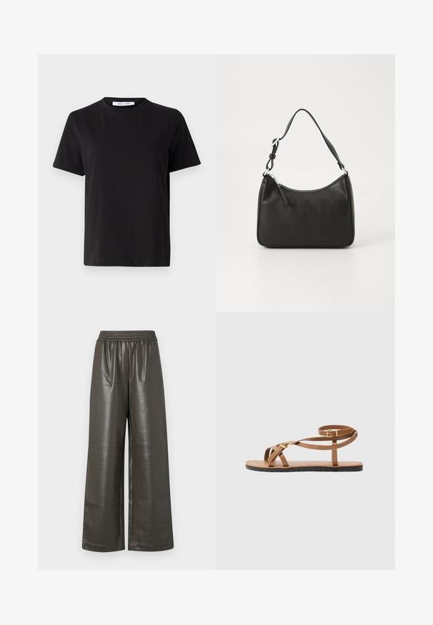 Črna majica s kratkimi rokavi iz mehkega bombaža, ki ima okroglo izrezovanje, udoben kroj in gladko teksturo. Brez vidnih vzorcev ali grafike.; Svetle hlače iz temno olivno zelene umetne usnje s širokimi nogavicami, elastičnim pasom in centralnimi šivi ter gladko, sijočo teksturo.; Rjave usnjene sandale s tankim trakastim dizajnom, ki vključujejo zlat tonkov zaponko in ravnim črnim podplatom z valovitim robom.; Črna usnjena torba za roke s ukrivljenim oblikom, enim trakom, zadrgo in diskretnim blagovnim znamkom na sprednjem delu. Gladka tekstura, minimalističen dizajn.