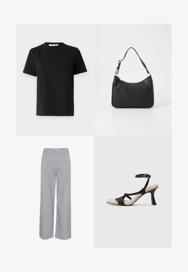 Fekete, rövid ujjú póló, puha pamutból készült, kerek nyakkivágással, laza szabással és sima textúrával. Nincs látható minta vagy grafikák.; Világosszürke, bőszárú nadrág sima textúrával, elülső pliszével és lapos derékrésszel. Minimalista dizájn, látható fém részek nélkül.; Fekete sarkú szandál fonott pánttal, négyzet alakú orral és állítható bokapánttal. Világos bézs talpbetét fényes fekete sarkával.; Fekete bőrtáska ívelt formával, egyetlen pánttal, cipzáras záródással és diszkrét logóval az elején. Simább textúra, minimalista dizájn.