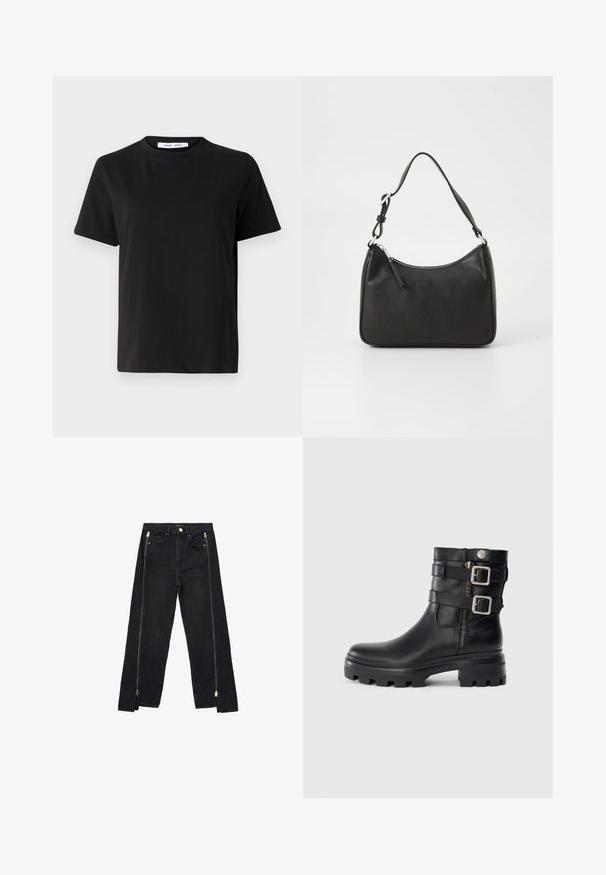 T-shirt preto de manga curta feito de algodão suave, com decote redondo, ajuste descontraído e uma textura suave. Sem padrões ou gráficos visíveis.; Jeans de ganga preta com um design de perna reta, apresentando fechos de correr dourados ao longo das laterais e bolsos padrão na cintura.; Botim de tornozelo em pele preta com detalhes de fivela dupla, fecho de zíper, sola espessa e textura lisa. Apresenta um design robusto e estiloso.; Mala de mão em couro preto com formato curvo, uma alça, fecho em zip e uma marcação discreta na frente. Textura suave, design minimalista.