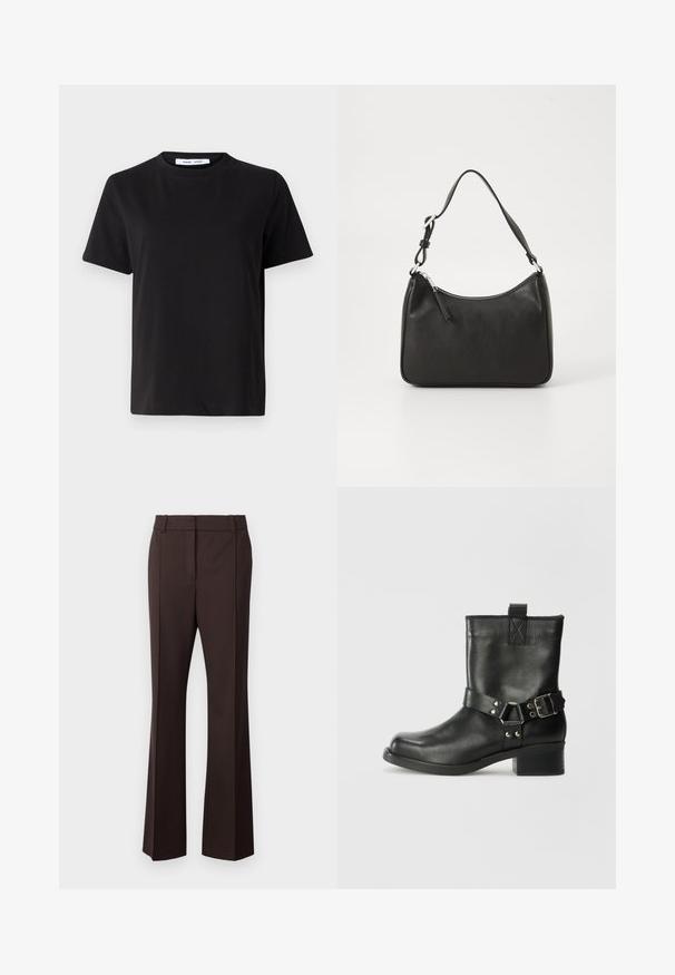 Sort t-shirt med korte ærmer fremstillet af blødt bomuld, med rund halsudskæring, afslappet pasform og en glat overflade. Ingen synlige mønstre eller grafik.; Samsøe Samsøe SALOT TROUSERS - Bukser - chocolate torte; Samsøe Samsøe SABRENTA - Cowboy- / bikerstøvlette - black; Sort læderhåndtaske med en buet form, en enkelt rem, lynlås lukning og diskret branding på forsiden. Glat tekstur, minimalistisk design.