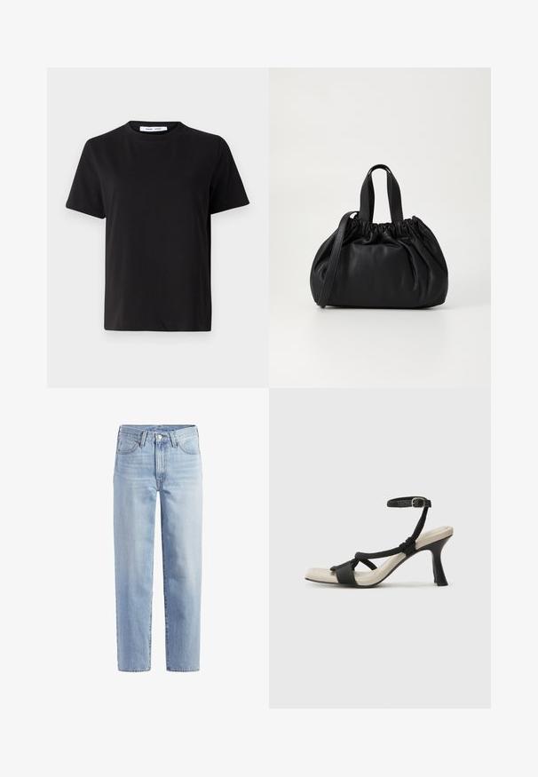 Czarny t-shirt z krótkim rękawem wykonany z miękkiej bawełny, z okrągłym dekoltem, luźnym krojem i gładką fakturą. Bez widocznych wzorów ani grafik.; Jasnoniebieskie dżinsy typu straight-leg z przodem zapinanym na guzik, suwak, szlufki na pasek oraz pięcioma kieszeniami na białym tle.; Czarne sandały na obcasie z plecionym paskiem, kwadratowym noskiem i regulowanym paskiem na kostkę. Jasnobeżowa wkładka z błyszczącym czarnym obcasem.; Czarna skórzana torebka z zebranym wykończeniem, z dwoma krótkimi uchwytami i długim regulowanym paskiem. Gładka tekstura, zaokrąglony kształt.