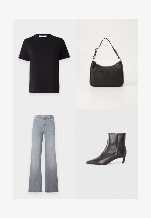 Crna kratka majica s kratkim rukavima od mekanog pamuka, s okruglim izrezom, opuštenim krojem i glatkom teksturom. Nema vidljivih uzoraka ili grafike.; Svijetlo siva, visoko strukirana traperica s raširenim nogavicama. Ima pet džepova, prednje kopčanje na dugme i čiste rubove s blagim izbljeđivanjem na nogavicama.; Crna kožna gležnjača s šiljastim nosom i niskom kitten petom, glatke površine, sa bočnim zatvaračem, prikazana na neutralnoj pozadini.; Crna kožna torba s zakrivljenim oblikom, jednim remenom, zatvaranjem na patentni zatvarač i suptilnim brendiranjem sprijeda. Glatka tekstura, minimalistički dizajn.