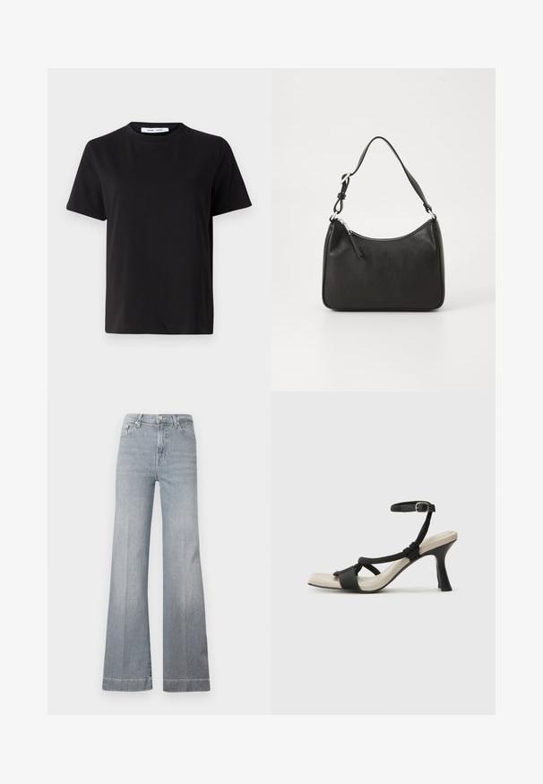 Tricou negru cu manșon scurt, fabricat din bumbac moale, având un guler rotund, o croială lejeră și o textură netedă. Fără modele sau grafice vizibile.; Jeans din denim gri deschis, cu talie înaltă și evazate. Au cinci buzunare, închidere cu un nasture în față și o margine curată, cu o ușoară decolorare pe picioare.; Sandal cu toc negru, cu design de curea împletită, vârf pătrat și curea de gleznă ajustabilă. Tălpică de un bej deschis și toc negru lucios.; Geantă de mână din piele neagră, cu o formă curbată, curea unică, închidere cu fermoar și un branding subtil pe față. Textură fină, design minimalist.