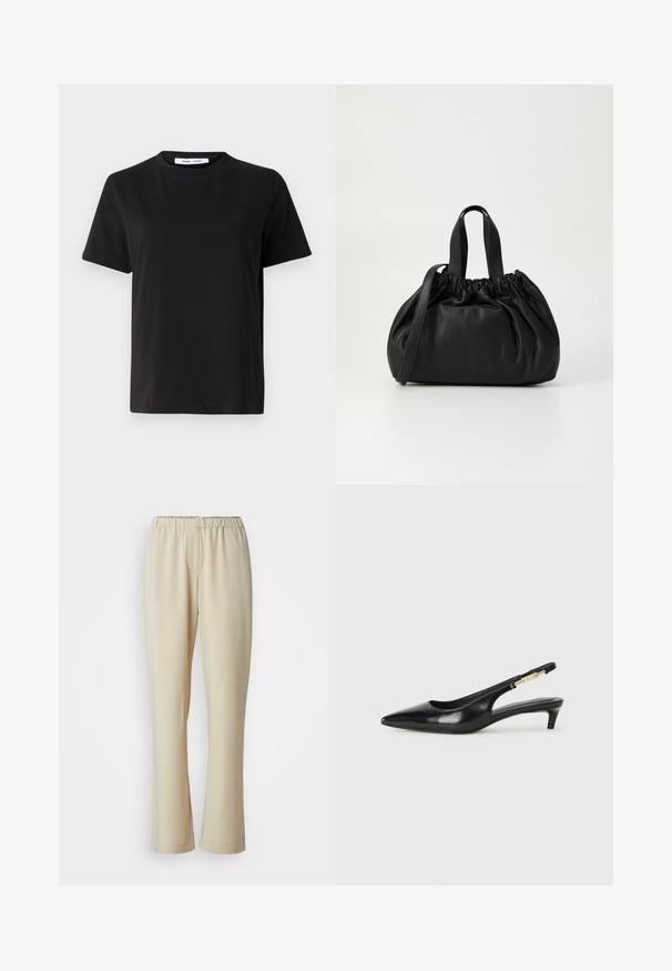 Black short-sleeve t-shirt made of soft cotton, featuring a round neckline, relaxed fit, and a smooth texture. No visible patterns or graphics.; Beige, lightweight trousers with an elastic waistband, straight legs, and a smooth texture, featuring no visible patterns or accents.; Black leather slingback heels with a pointed toe, featuring a slim heel and a gold-tone accent on the adjustable strap. Smooth texture.; Black leather handbag with a gathered top design, featuring two short handles and a long adjustable strap. Smooth texture, rounded shape.