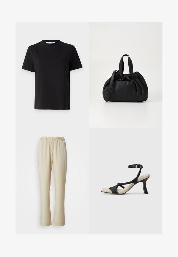 Fekete, rövid ujjú póló, puha pamutból készült, kerek nyakkivágással, laza szabással és sima textúrával. Nincs látható minta vagy grafikák.; Beige, könnyű nadrág, rugalmas derékkal, egyenes lábakkal és sima felszíni textúrával, látható minták vagy díszítések nélkül.; Fekete sarkú szandál fonott pánttal, négyzet alakú orral és állítható bokapánttal. Világos bézs talpbetét fényes fekete sarkával.; Fekete bőr kézitáska, összegyűrt felső dizájnnal, két rövid fülekkel és egy hosszú, állítható pánttal. Simább textúra, lekerekített forma.