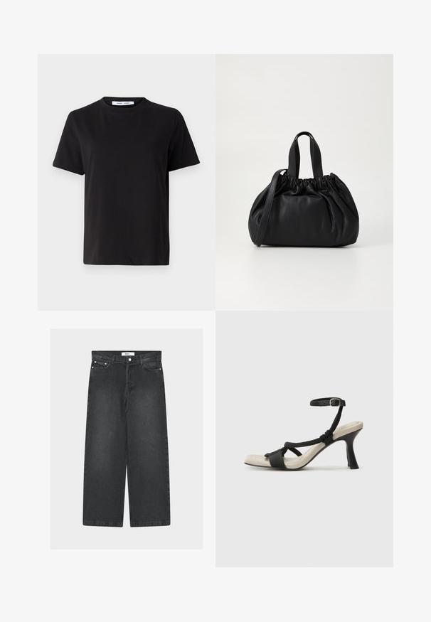 T-shirt preto de manga curta feito de algodão suave, com decote redondo, ajuste descontraído e uma textura suave. Sem padrões ou gráficos visíveis.; Calças largas de ganga preta com cintura alta, bolsos frontais e fecho de botão. Apresentam cintura com cordão e textura lisa.; Sandal com salto alto preto e design de tiras trançadas, bico quadrado e tira de tornozelo ajustável. Sola em tom bege claro com um salto preto brilhante.; Bolsa de couro preta com um design de topo franzido, apresentando duas alças curtas e uma alça longa ajustável. Textura suave, formato arredondado.